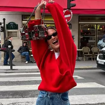 Повседневная женская куртка из искусственного меха с V-образным вырезом и длинными рукавами, женские куртки 2024 года, осеннее винтажное свободное красное женское пальто S красный