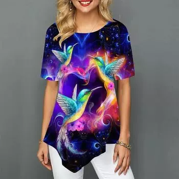 Повседневная женская летняя футболка с принтом «Колибри и любовь», эластичная свободная рубашка, женская одежда, новые летние нерегулярные топы XS-8XL 8XL