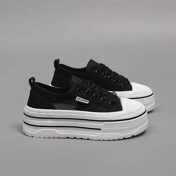 Повседневная женская обувь из искусственной кожи 2025 лето новая сетчатая дышащая мягкая подошва легкая белая обувь небольшой каблук 35 чёрный