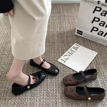 Повседневная женская обувь осень квадратный носок элегантный неглубокий носок женская обувь осень лето новое удобное платье резина сплошная пряжка 35 чёрный