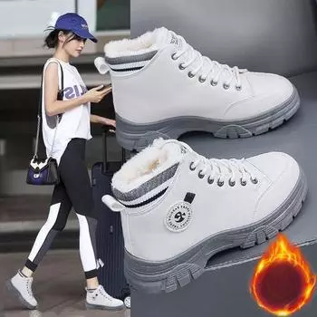 Повседневная женская обувь. Осень-зима 2023. Новые универсальные туфли из плотного хлопка на флисовой подкладке. Женские кожаные высокие зимние ботинки. 35