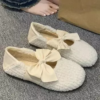 Повседневная женская обувь с бантом, мягкий круглый носок, осенние мокасины, меховые, элегантные, с неглубоким воротом, женская обувь с бабочкой, зима-осень, новые мокасины 35 чёрный