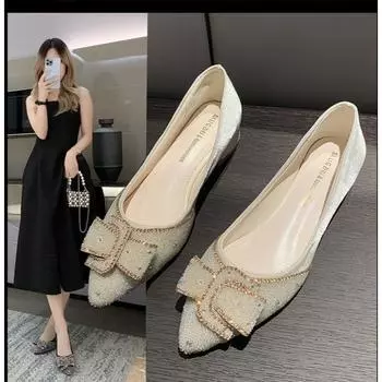 Повседневная женская обувь с острым носком и бантом, осенняя женская обувь с неглубоким носком, новые осенние мокасины на каблуке с бабочкой, летнее платье 35