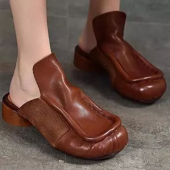 Повседневная женская обувь в стиле ретро в римском стиле 2024 года, удобные женские тапочки с закрытым носком на квадратном каблуке, модная и универсальная обувь для мам 35 чёрный