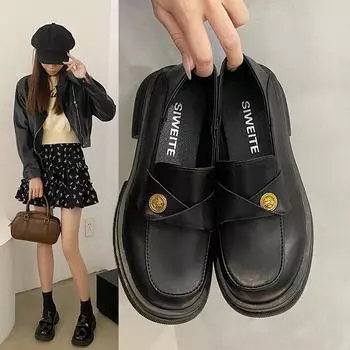 Повседневная женская обувь Женская обувь с закрытым носком Черные туфли-оксфорды Универсальные туфли с круглым носком Клоги на платформе Мокасины в британском стиле 35