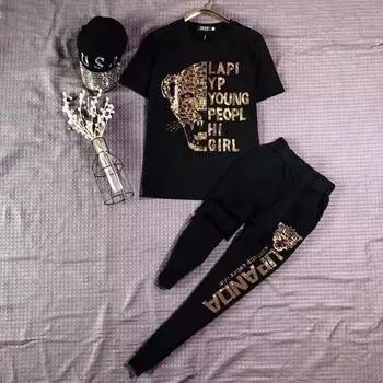 Повседневная женская одежда из двух частей Летний топ с коротким рукавом с принтом букв + спортивный костюм с брюками