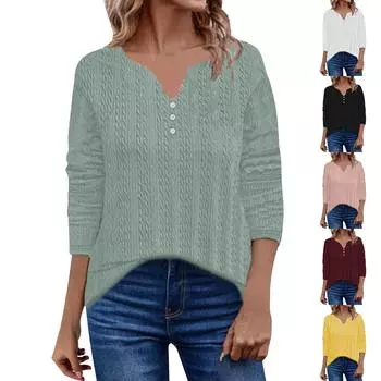 Повседневная женская однотонная футболка с v-образным вырезом и тремя пуговицами, длинными рукавами, топ XXXXL жёлтый