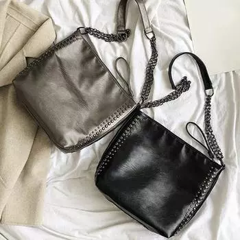 Повседневная женская однотонная сумка через плечо с заклепками и цепочкой из искусственной кожи