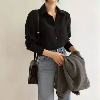 Повседневная женская рубашка, классическая шифоновая блузка больших размеров, женские свободные рубашки с длинными рукавами, офисные женские топы, женская одежда S чёрный