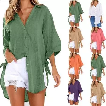 Повседневная женская рубашка на шнуровке с пуговицами и лацканами, белая, зеленая, свободная, с завязками по бокам, с длинным рукавом, мягкая и дышащая M зелёный