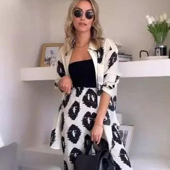 Повседневная женская рубашка поло с принтом, свободная повседневная, тонкое пальто с длинными рукавами, однобортный кардиган, лето S чёрный