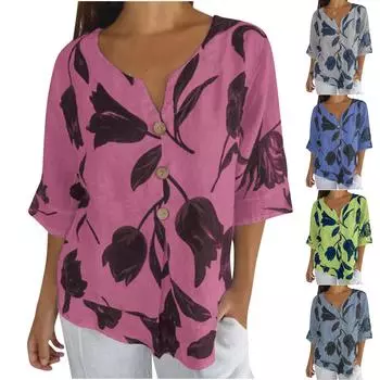 Повседневная женская рубашка-пуловер с цветочным V-образным вырезом и короткими рукавами S белый