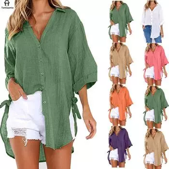 Повседневная женская рубашка с пуговицами на шнуровке и лацканами, свободная рубашка с длинным рукавом с завязками по бокам L армия зеленый