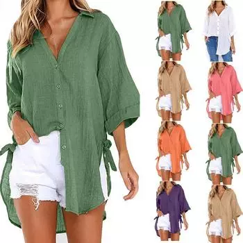 Повседневная женская рубашка с пуговицами на шнуровке и лацканами, свободная рубашка с длинным рукавом с завязками по бокам M белый