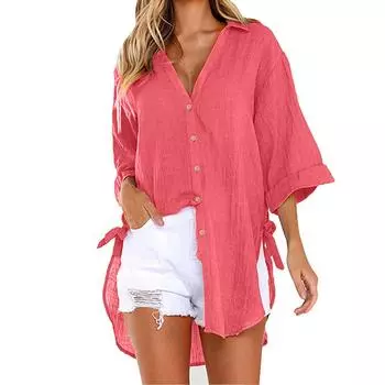 Повседневная женская рубашка с пуговицами на шнуровке и лацканами, свободная рубашка с длинным рукавом с завязками по бокам XL