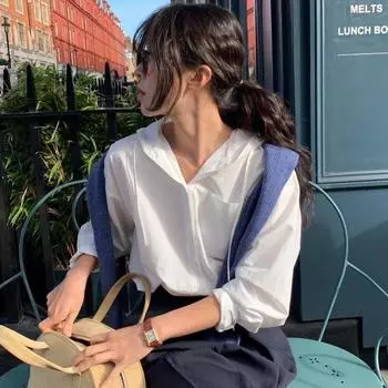 Повседневная женская рубашка Simple Temperament с капюшоном, свободная повседневная универсальная белая рубашка с длинными рукавами, блузка, женский темперамент, элегантный модный топ S белый