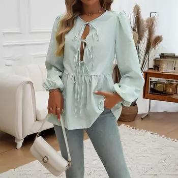 Повседневная женская рубашка в стиле «отпуск» со шнуровкой на лето S светло-синий