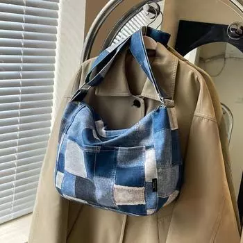 Повседневная женская сумка через плечо из денима в стиле пэчворк, новая модная и универсальная сумка-тоут чёрный