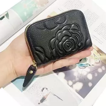 Повседневная женская сумка для карт из натуральной кожи первого слоя из коровьей кожи с тиснением розы, черная, из коровьей кожи чёрный