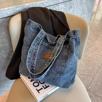 Повседневная женская сумка Сумка из потертого денима Уличный тренд Сумка через плечо большой вместимости темно-синий