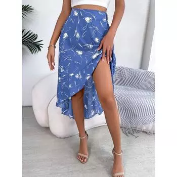 Повседневная женская юбка-миди с асимметричным цветочным принтом и рюшами S синий