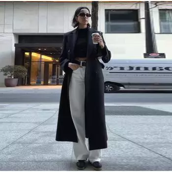 Повседневная женская весенняя куртка Повседневная однобортная куртка с длинным рукавом Женское длинное пальто Винтажная узкая верхняя одежда с карманами Женская уличная одежда S чёрный