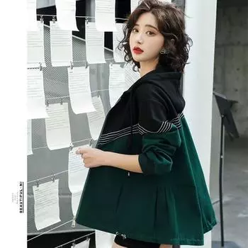 Повседневная женская ветровка свободного кроя с капюшоном и вставками на осень M