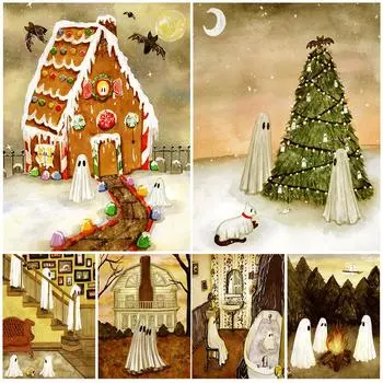 Повседневная жизнь семьи Белых Призраков Ретро Настенная картина маслом Призрак на кровати Художественный постер 21cm30cm NoFrame