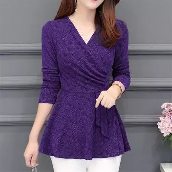Повседневная зимняя новая женская верхняя блузка с плюшевым принтом и утолщенным низом, кружевная блузка с длинными рукавами и v-образным вырезом, фиолетовые топы, блузки, рубашки L фиолетовый