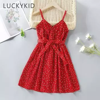 Повседневное элегантное платье на бретельках с цветочным принтом для девочек, платье в богемном стиле для лета, детская одежда 5-6Y красный