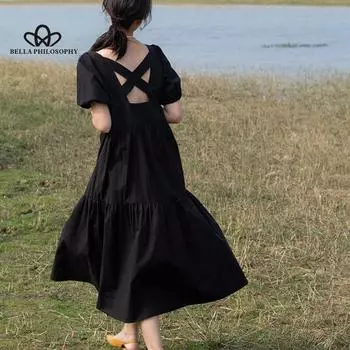 Повседневное элегантное женское платье с пышными рукавами, винтажное вечернее платье миди с открытой спиной, черный пляжный сарафан S чёрный