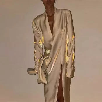 Повседневное блестящее длинное платье для женщин, свободное платье с V-образным вырезом, длинным рукавом и разрезом спереди, длиной до щиколотки, женское платье 2025 года, весна-лето, женское платье S шампанского