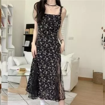Повседневное черное платье с цветочным принтом, женское летнее кружевное платье с принтом 2023, элегантное платье с открытой спиной и без рукавов, вечерние платья 27729 S чёрный