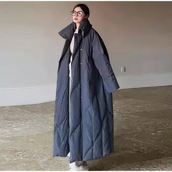 Повседневное длинное хлопковое пальто свободного покроя с воротником-стойкой, однотонное однобортное толстое макси-пальто, зимнее теплое женское пальто S чёрный