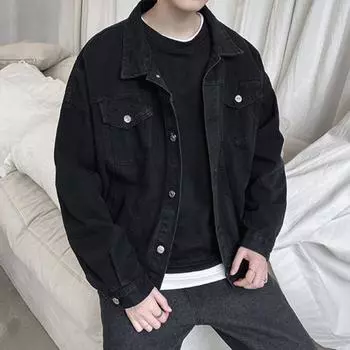 Повседневное джинсовое пальто с лацканами, длинными рукавами, карманами-клапанами, однотонное, свободного кроя L чёрный