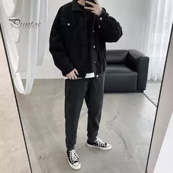 Повседневное джинсовое пальто с лацканами, длинными рукавами, карманами-клапанами, однотонная свободная куртка, однобортная мужская верхняя одежда M чёрный