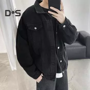 Повседневное джинсовое пальто с лацканами, длинными рукавами, карманами-клапанами, однотонная свободная куртка, однобортная мужская верхняя одежда L чёрный