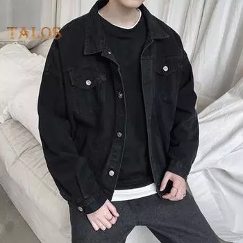 Повседневное джинсовое пальто с лацканами, длинными рукавами, карманами-клапанами, однотонная свободная куртка, однобортная мужская верхняя одежда M чёрный