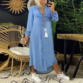 Повседневное джинсовое платье-рубашка, новое модное женское свободное платье с лацканами, большие размеры, женские синие платья с длинным рукавом, винтажное однобортное платье 751 S светло-синий
