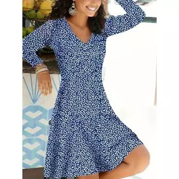 Повседневное и элегантное весенне-осеннее свободное платье больших размеров 1XL синий