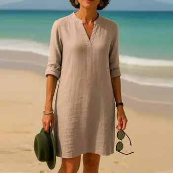 Повседневное и свободное элегантное платье с V-образным вырезом для женщин M хаки