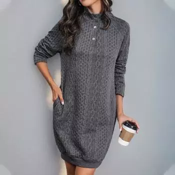 Повседневное комфортное и универсальное осеннее платье с длинным рукавом, однотонные платья-толстовки с лацканами S темно-серого