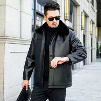 Повседневное кожаное пальто с лацканами и пуговицами для папы среднего возраста, кожаная мужская куртка плюс флисовая толстая кожаная куртка для мужчин 52/L