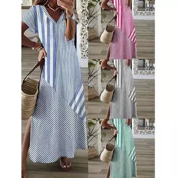 Повседневное летнее длинное платье с v-образным вырезом и коротким рукавом в полоску S небесно-голубой