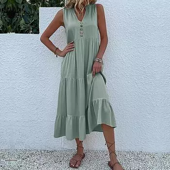 Повседневное летнее платье без рукавов с V-образным вырезом, женское модное свободное элегантное многослойное вечернее платье с рюшами, женские однотонные вечерние платья трапециевидной формы 922 S абрикосовый