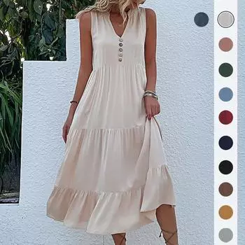 Повседневное летнее платье миди, женское платье без рукавов с v-образным вырезом и пуговицами, свободные платья с рюшами, пляжный однотонный сарафан, модный XL чёрный