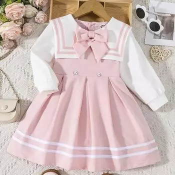Повседневное милое платье принцессы с матросским воротником и бантом для девочек на осень и весну