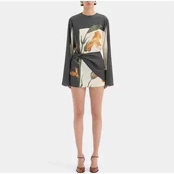 Повседневное мини-платье с длинным рукавом и принтом, модное свободное платье с круглым вырезом в стиле пэчворк, плиссированное платье, новые женские праздничные платья High Street 2025 S серый