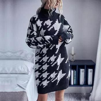 Повседневное модное и элегантное осенне-зимнее женское платье-свитер с высоким воротом и длинными рукавами с принтом «птичий глаз» S чёрный