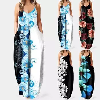 Повседневное модное женское свободное длинное платье без рукавов с цветочным принтом и v-образным вырезом M чёрный